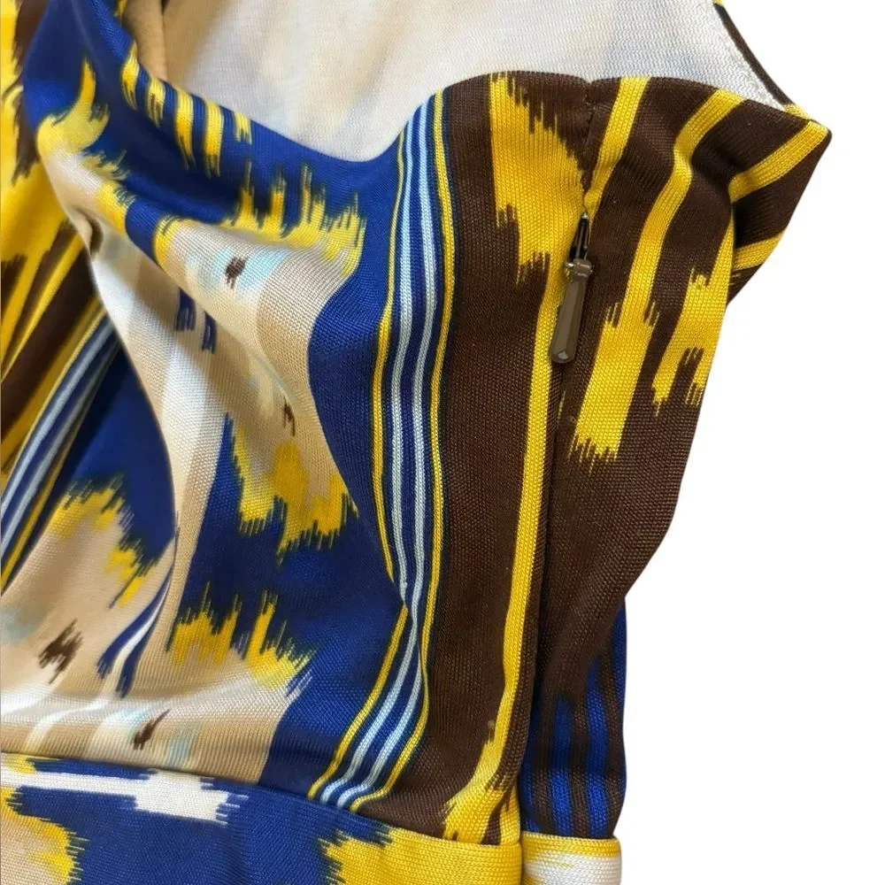 Tory Burch Silk Dress Southwestern Aztec Jersey Blue Yellow Sleeveless Medium